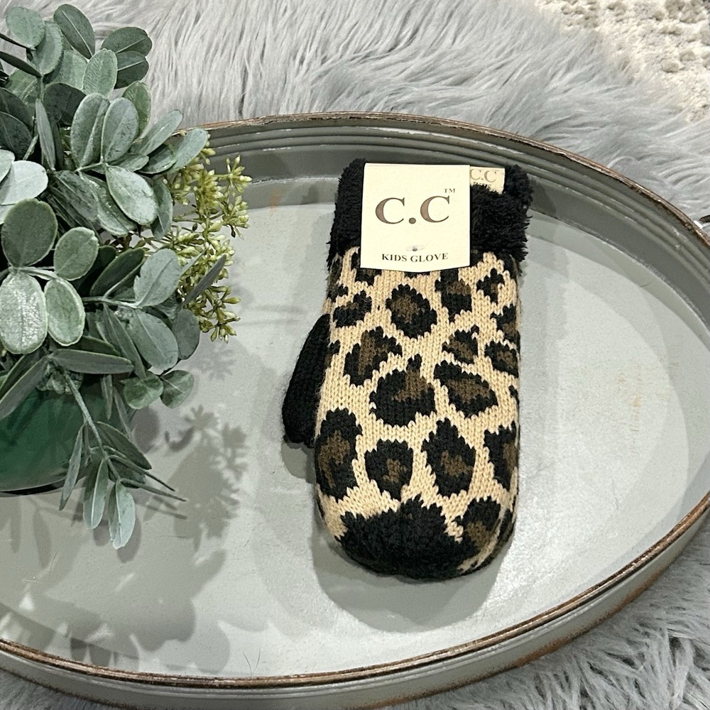 C.C 2-7 Years Children Girl Boy Kids Animal Leopard‎ Ribbed Knit Mitten Gloves